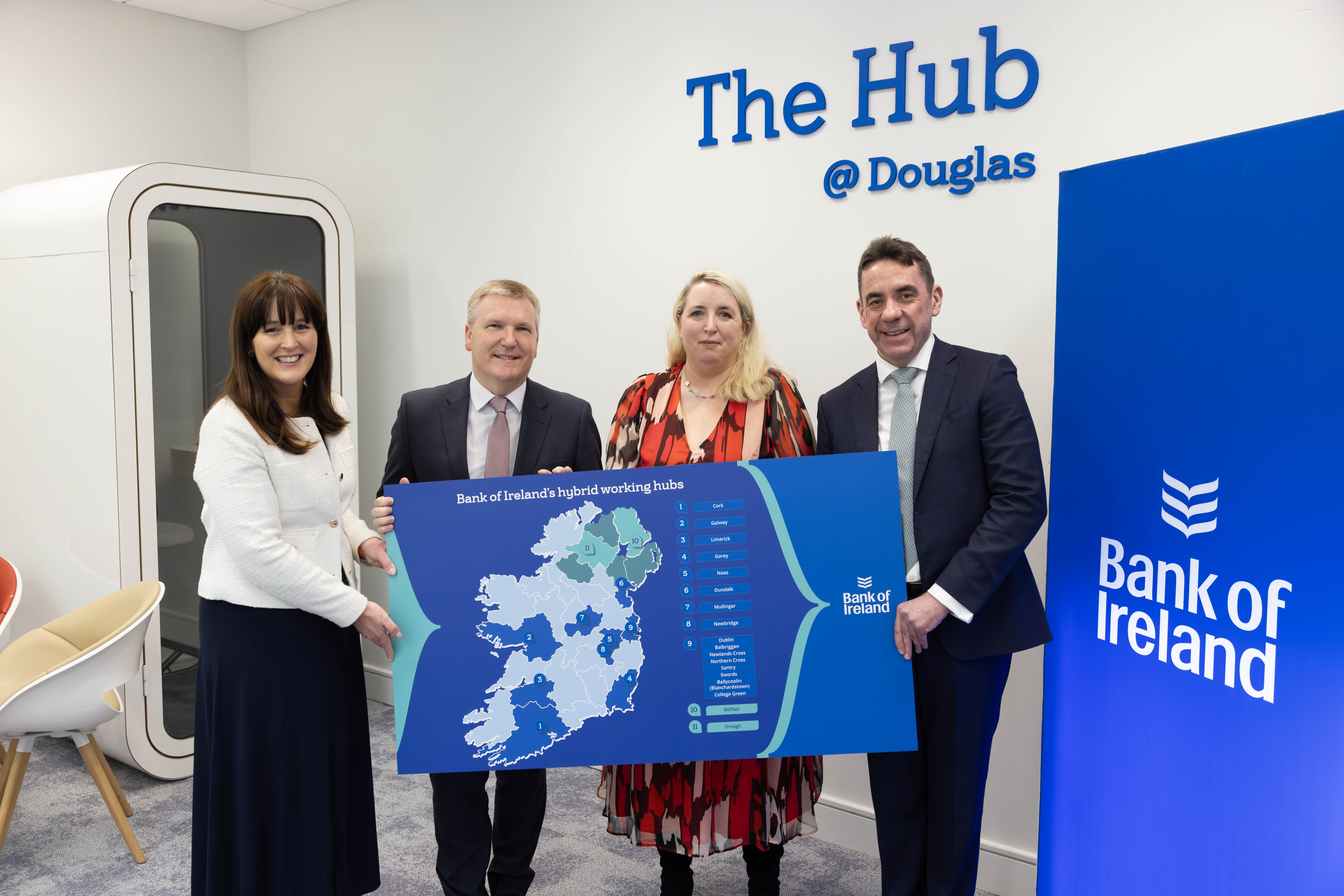 Susan Russell, CEO Retail Ireland; Minister for Finance Michael McGrath, TD, Aisling Killilea, Bank Manager, Douglas branch; and Bank of Ireland Group Chief Executive Myles O'Grady pictured at the Douglas hybrid working hub.